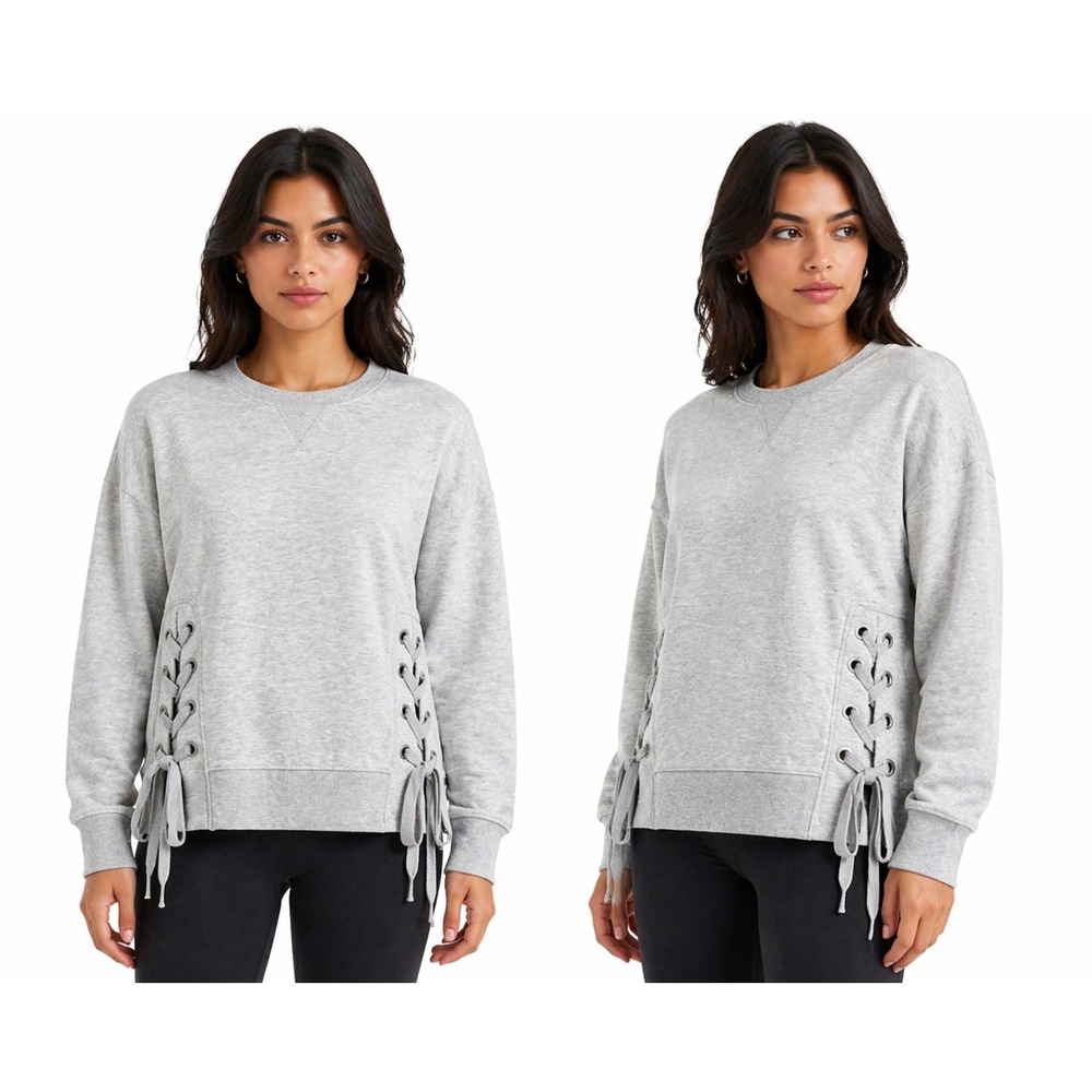 90 Degree Women Lace Up Sweatshirt Large Gray Athleisure Cozy Corsetcore Casual
